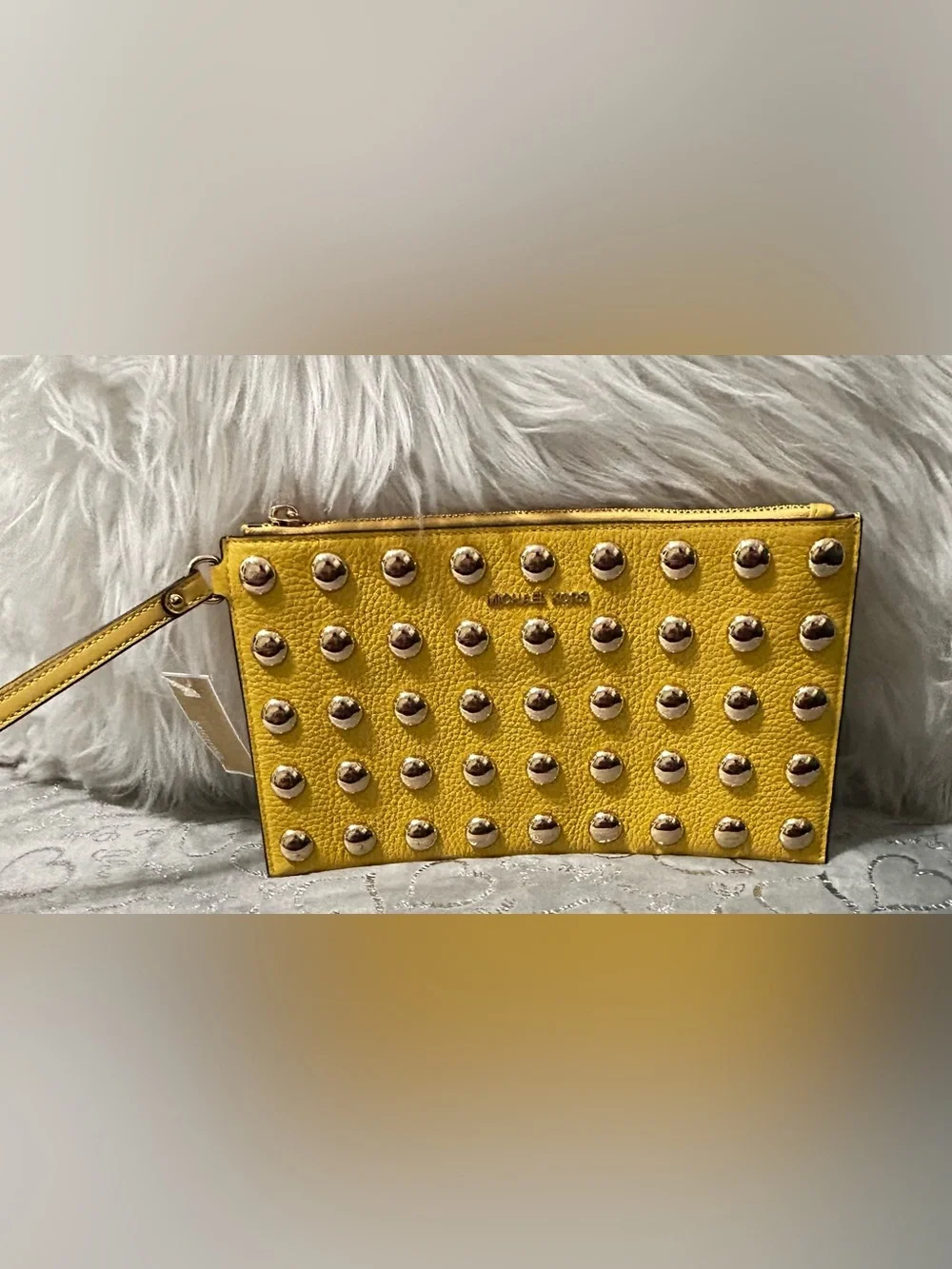 NWT Michael Kors Jet Set Large Daisy Yellow Pebble Leather Studded Wristlet